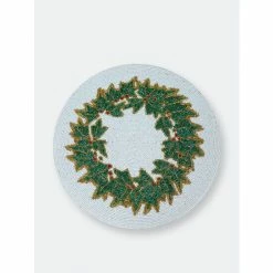 Trunkin&apos; USA Holly Berry Bead Embroidered Placemat Decor Green