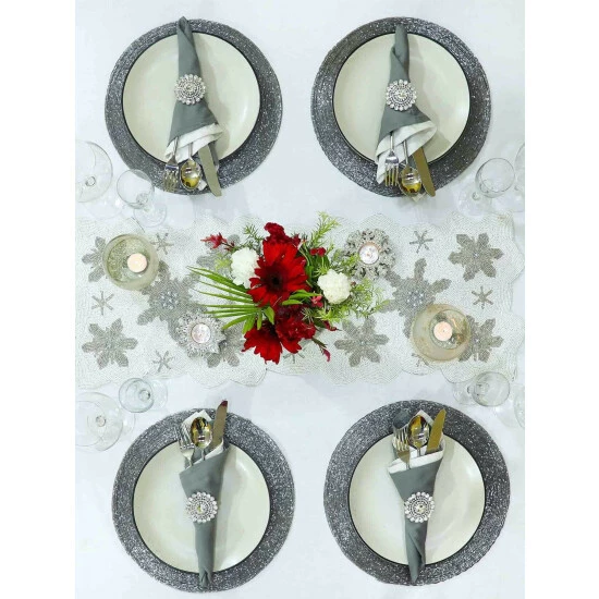 Trunkin' USA Let It Snow Bead Embroidered Table Runner Decor Silver - Image 3